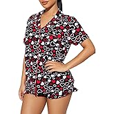 GUEMONG Women 2 Pieces Heart Floral Bow Pajama Sets Button-Down Short Sleeve Shirt Ruffle Short Sleepwear