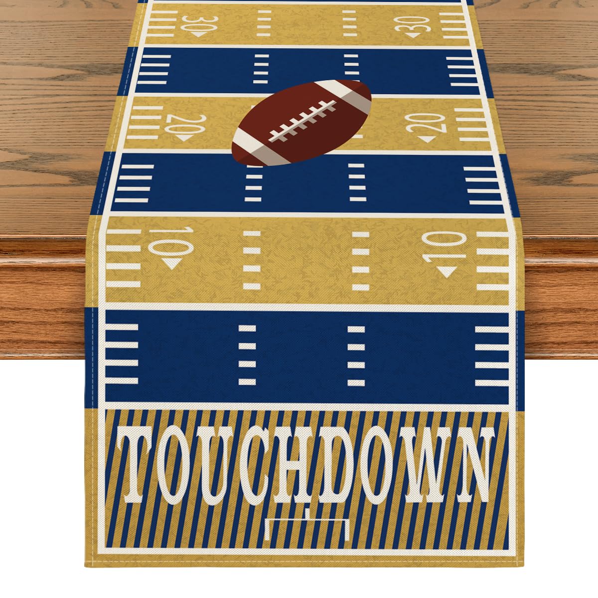 Photo 1 of Artoid Mode Blue Yellow Touch Down American Football Court Table Runner, Rugby Boy Fall Birthday Party Kitchen Dining Table Decoration for Home Decor 13x72 Inch