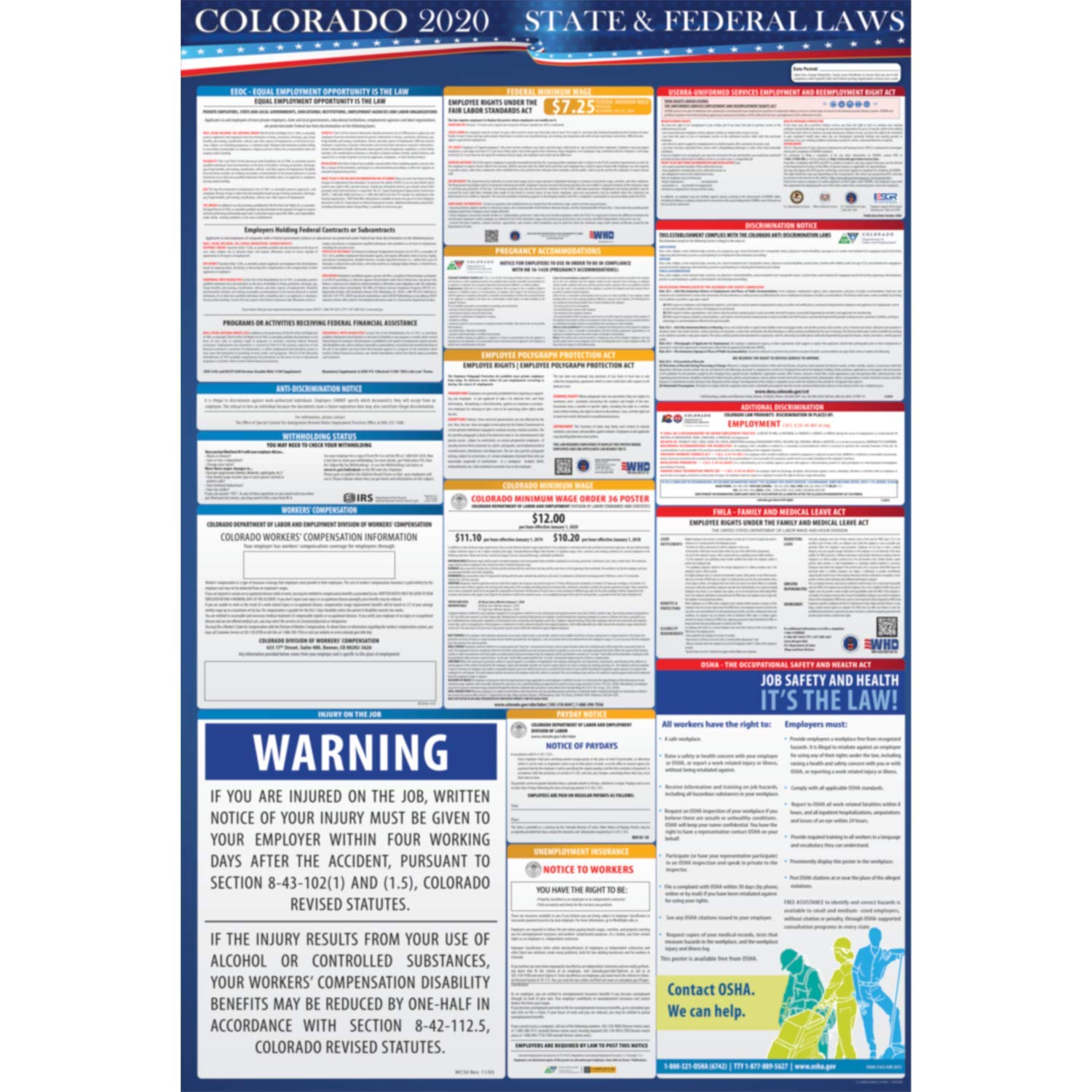 Laminated All in One Required Posting OSHA Workplace Compliant 24 x 36 2020 Colorado State and