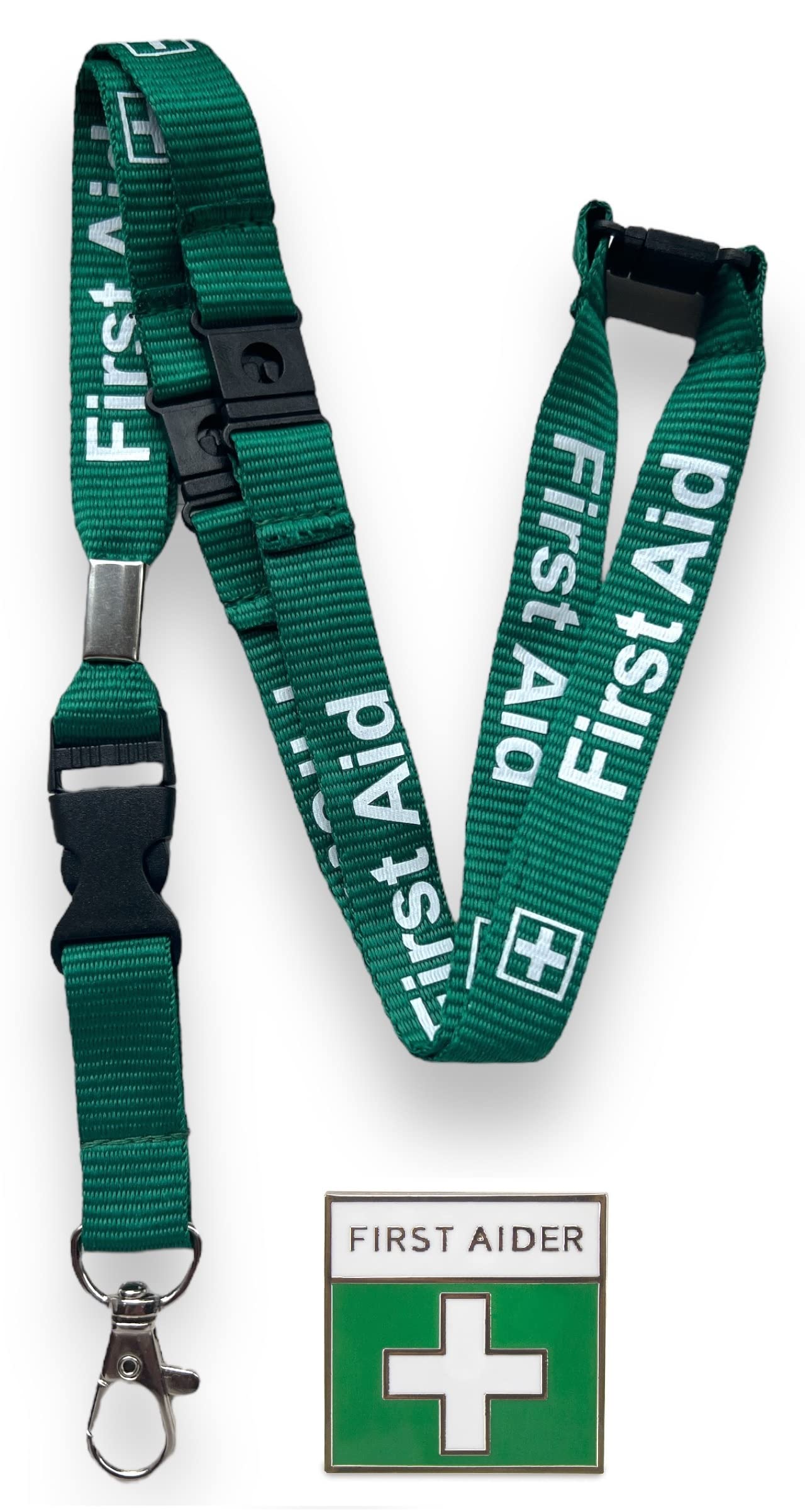 PAC Supplies Global 15mm Green First Aid Lanyard With 3 Point (Triple) Safety Breakaway & Detachable Buckle Clip & First Aid Pin Badge