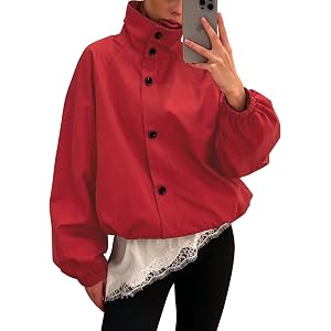 Womens Funnel Neck Jackets Oversized Lightweight Windbreaker Outwear Coats | Fall Jacktes, Coats with Pockets, High Neck Wind