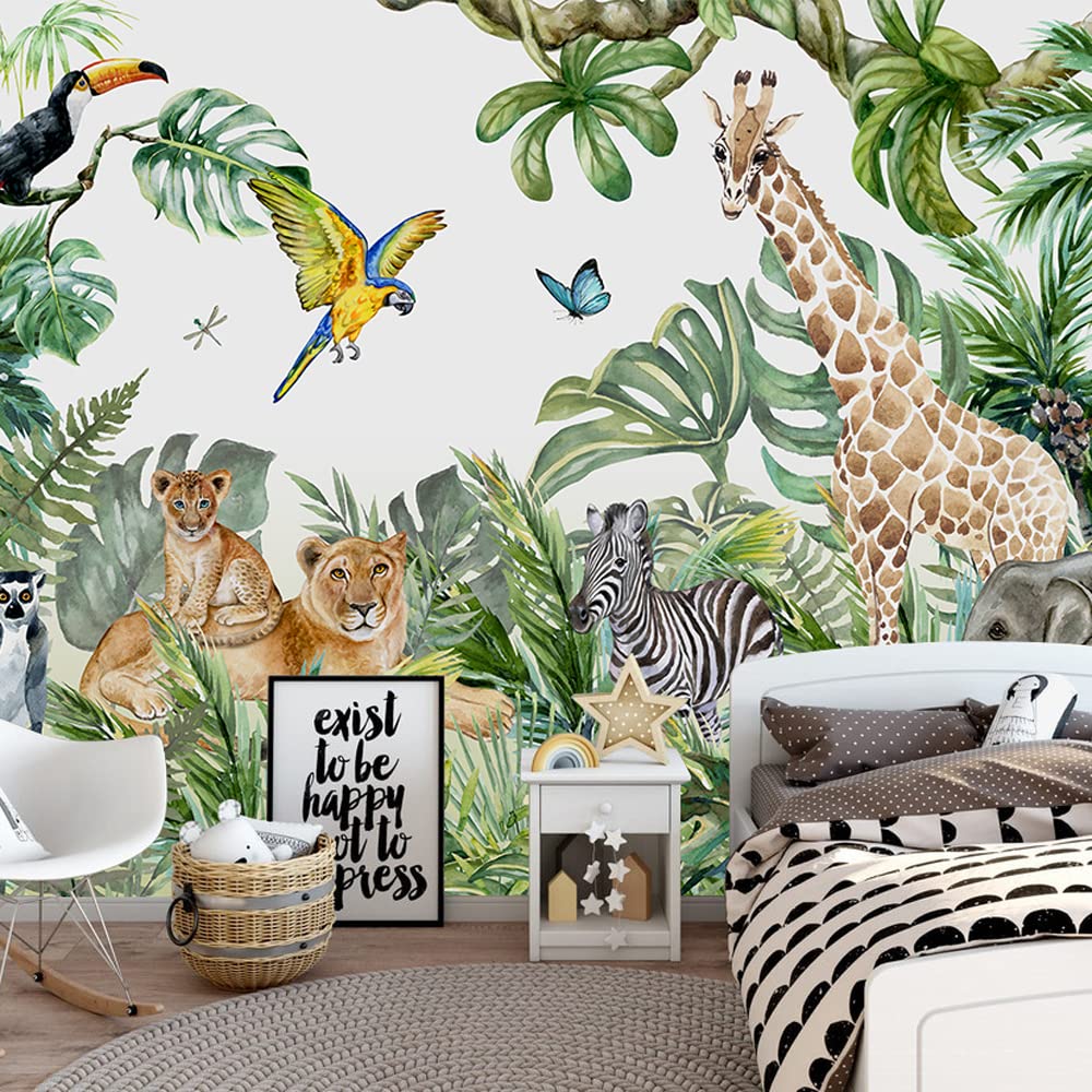 Photo 1 of MFWFM Safari Wallpaper for Children with Animals Jungle Wall Mural Watercolor Animals Nursery Wallpaper Kids Room Decor(Not Peel n' Stick)