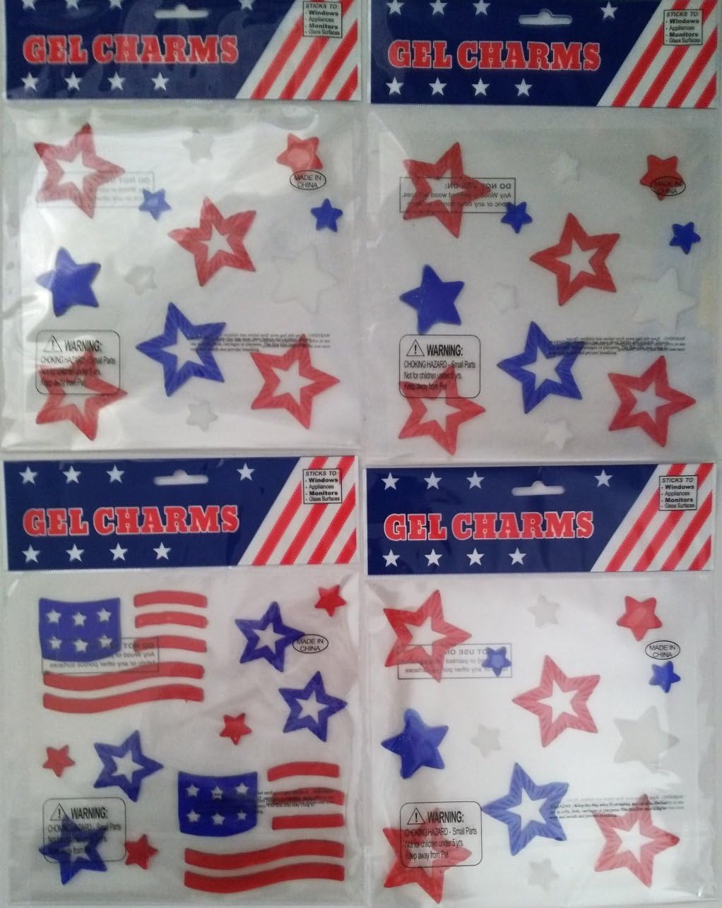 Gel Charms Patriotic Window Clings for Memorial Day, 4th of July Decor, Labor Day or All Year (Bundle of 4) 1 Pack of Two Small American Flags and 3 Packs of Stars.