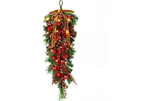 Seenelling 36 Inch Khaki Extra Long Christmas Teardrop Swag with Lights Red Balls Velvet Bows Cedar Teardrop Wreath Ornaments Christmas Decorations for Indoor Outdoor Stairs Hanging Doors Tables