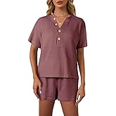 ETOSELL Womens Pajama Sets Waffle Knit Lounge Set 2 Piece Outfits Short Sleeve Tops and Shorts Loungewear Sweatsuit