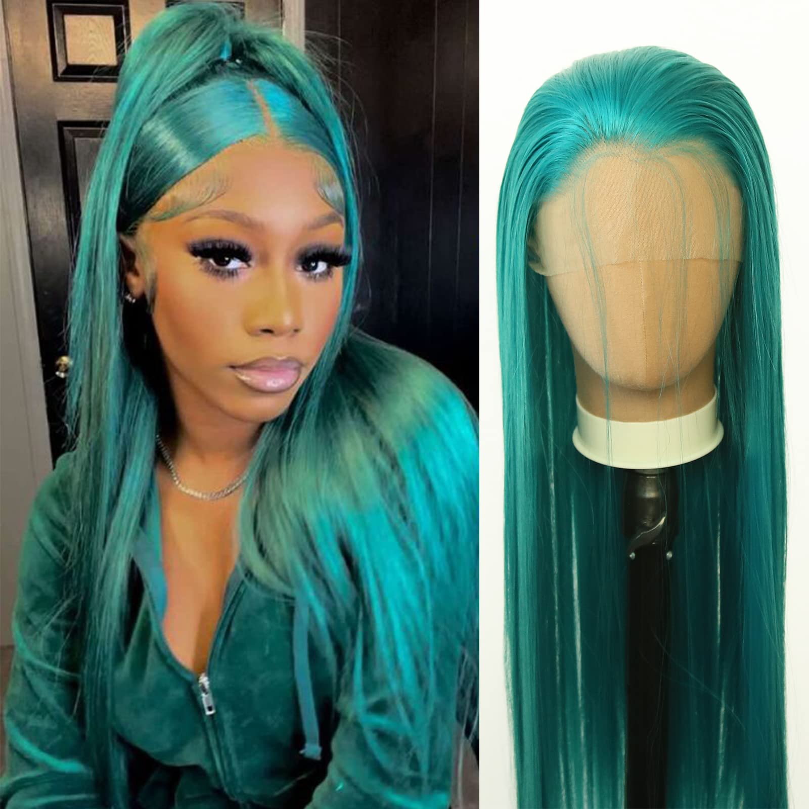 Towarm Dark Green Wig Long Straight Teal Emerald Green Synthetic Lace Front Wigs Pre Plucked Natural Hairline with Baby Hair for Black Women Heat Resistant Fiber Cosplay Daily Wear Wig (Emerald Green)