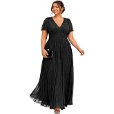 Ever-Pretty Women's Maxi Shimmer Plus Size Formal Wedding Guest Dresses | V-Neck, Short Sleeve, A-Line, Fall, Plus Size Evening Gown, Plus Size Mother of the Bride Dresses