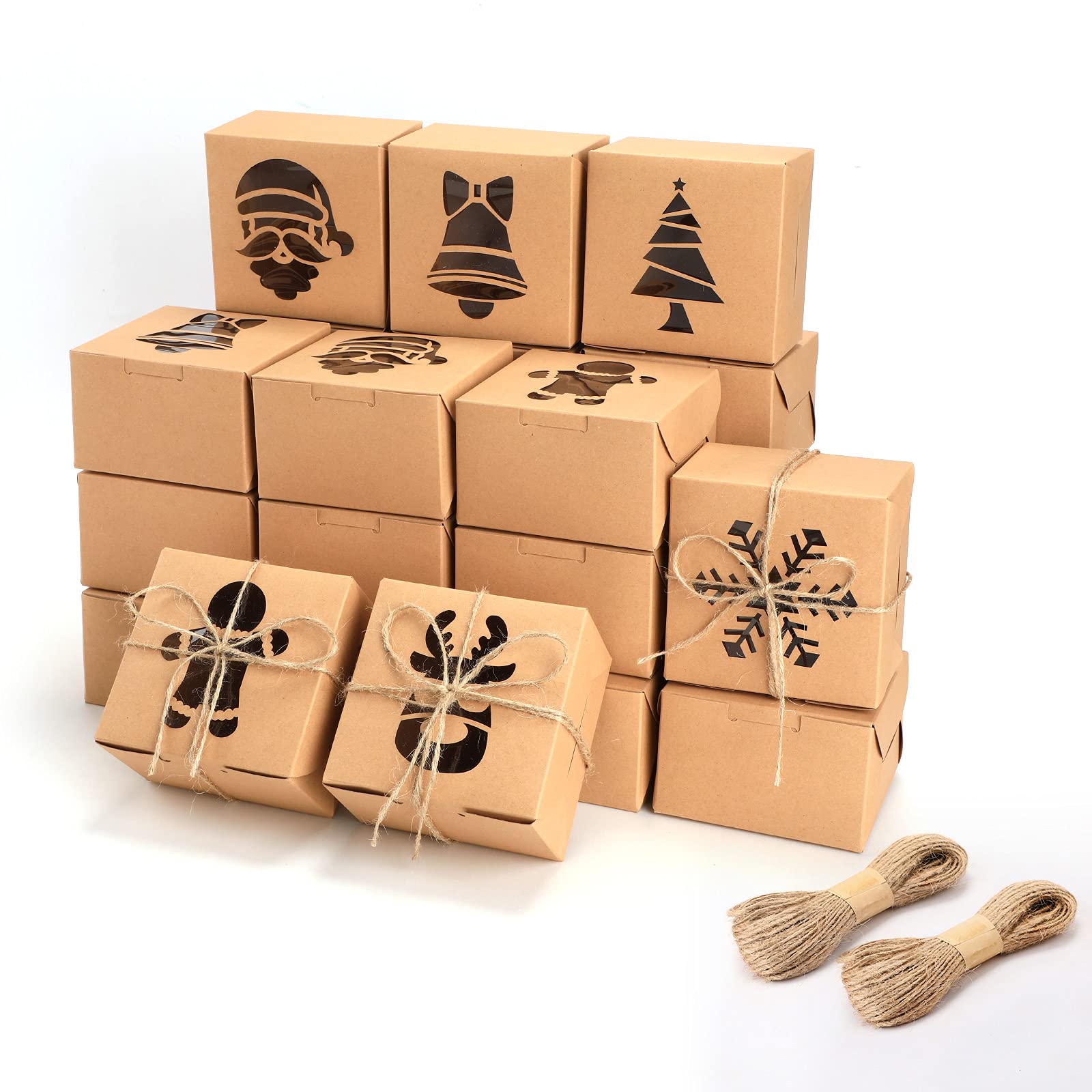30 Pieces Christmas Cookie Boxes with Clear Window Cupcake Boxes Bakery Boxes Pastry Packaging Boxes Brown Kraft Present Box with Rope for Donuts, Cookie, Pies and Present Giving, 4 x 4 x 2.5 Inches