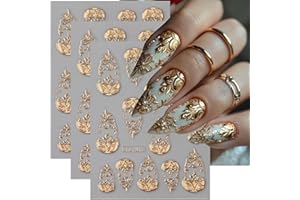 FBABFBUO Gold Nail Art Stickers 3D Self-Adhesive Golden Foil Leaf Nail Decals Nail Art Supplies 3PCS Metallic Totem Leaves Summer Nails Design Embossed Sticker Manicure Sliders for Women DIY Nail Decorations