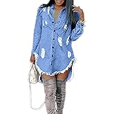 Kwunbwa Women's Ripped Denim Shirt Dress Casual Long Sleeve Button Down Irregular Tassels Distressed Jean Dress