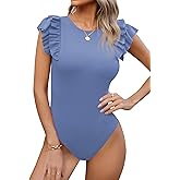 Missufe Women's Round Neck Ruffle Flutter Sleeve Slim Fit Ribbed Knit Casual Summer Bodysuit Tops