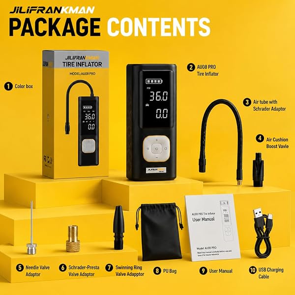 JILIFRANKMAN AU08 PRO 12V 135W 40L/MIN CORDLESS TIRE INFLATOR FOR CAR TIRES WITH DIGITAL PRESSURE GAUGE, LED LIGHT AND AUTO SHUT-OFF FUNCTION – PICKUP TRUCK,SUV，CAR, MOTORCYCLE, BICYCLE, BALL