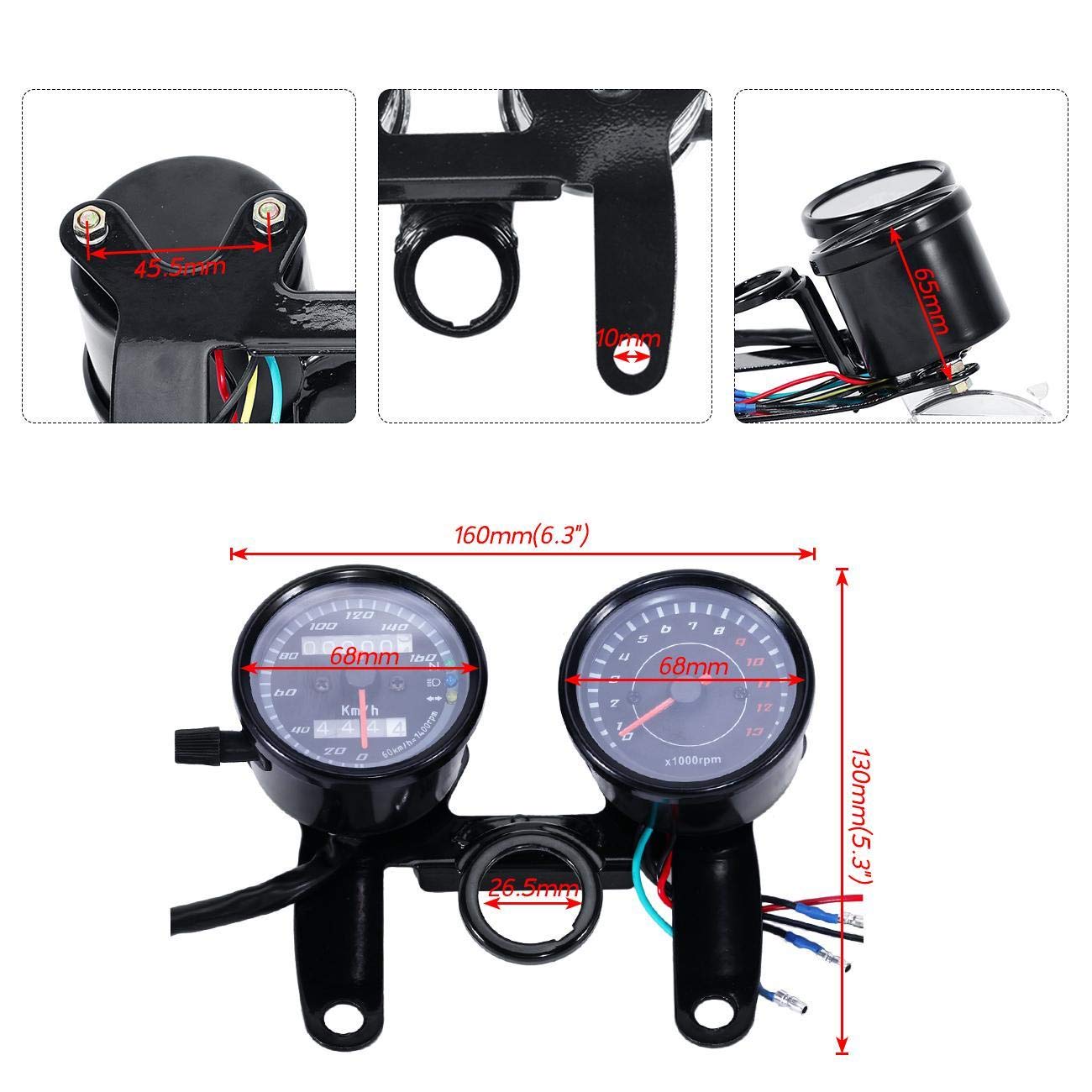 INNOGLOW 12V LED Motorcycle Odometer Speedometer 13000RPM Backlit