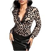 SOLY HUX Women's Leopard Print Lace Tops Long Sleeve T Shirt V Neck Bishop Tee