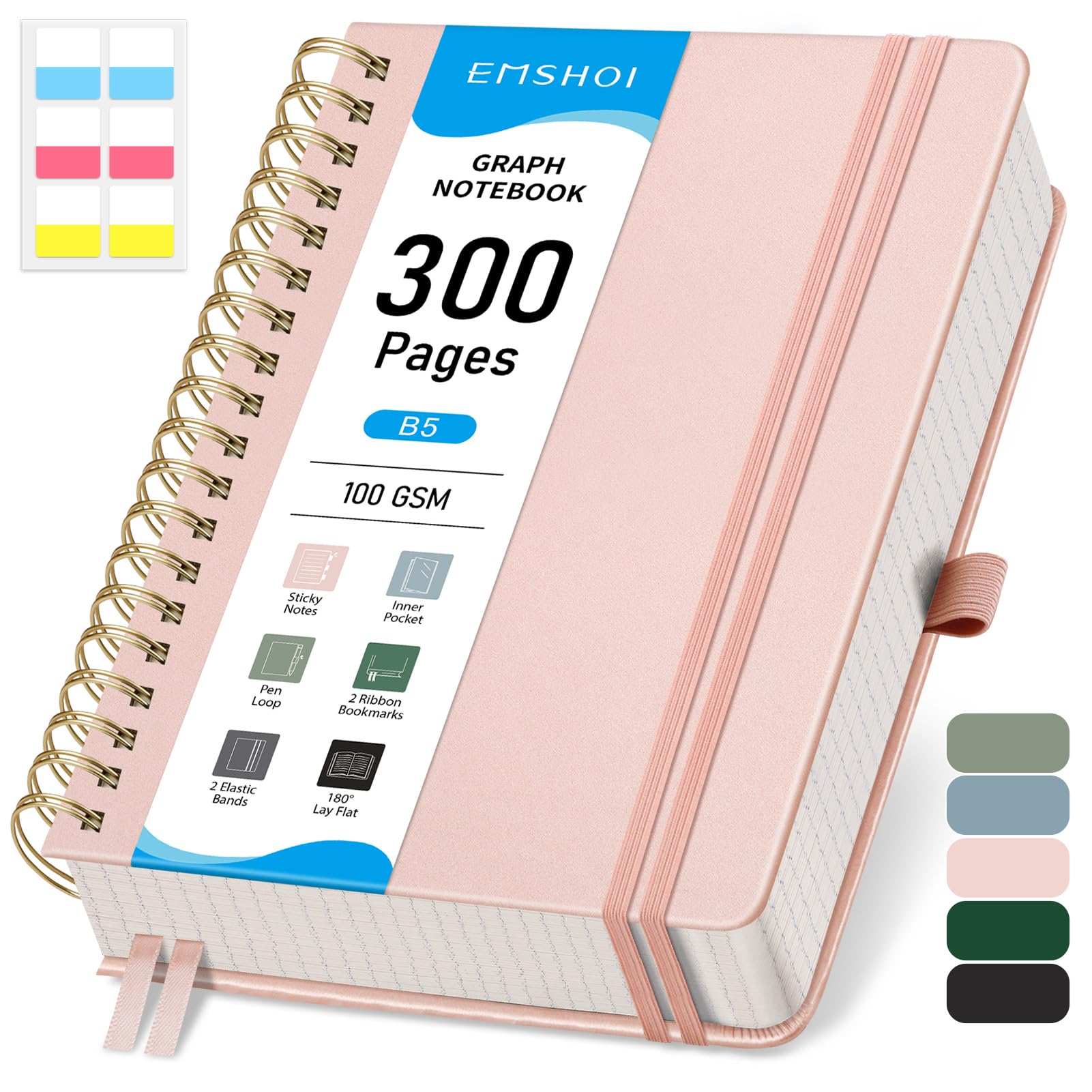 EMSHOI B5 Graph Paper Notebook, Spiral Notepad 150 Sheets/300 Pages, 100gsm, Hardback, Sticky Notes, Pocket, Pen Loop, Ruler, Bookmark, Squared Journal for Women Men Writing, 19 x 25.8cm, Rose Gold