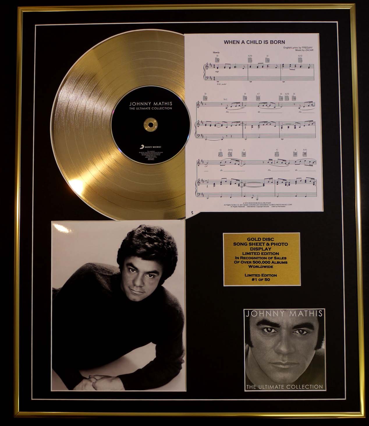 JOHNNY MATHIS/CD GOLD DISC, SONG SHEET & PHOTO DISPLAY/LTD. EDITION/COA/ALBUM, ULTIMATE COLLECTION/SONG SHEET, WHEN A CHILD IS BORN