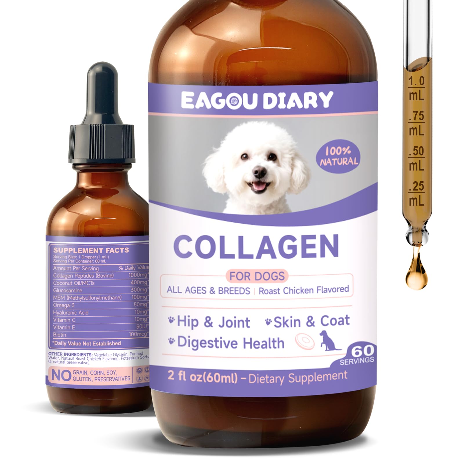 Collagène pour Chiens - Soutien des Hanches et des Articulations, Santé de la Peau et du Pelage avec Glucosamine, MSM, Huile de Coco, Vitamine C et E, Biotine - Santé Digestive et Immunitaire, 60 ml