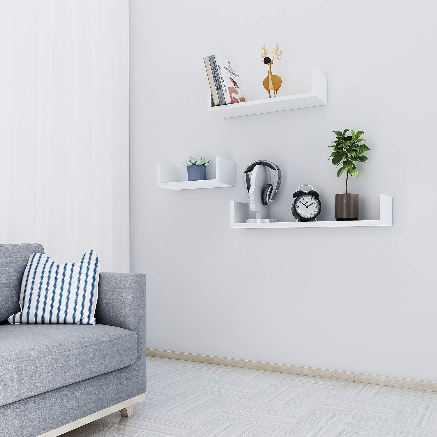 Jinguio Floating U Shelves Wall Mounted, Set of 3 (White)
