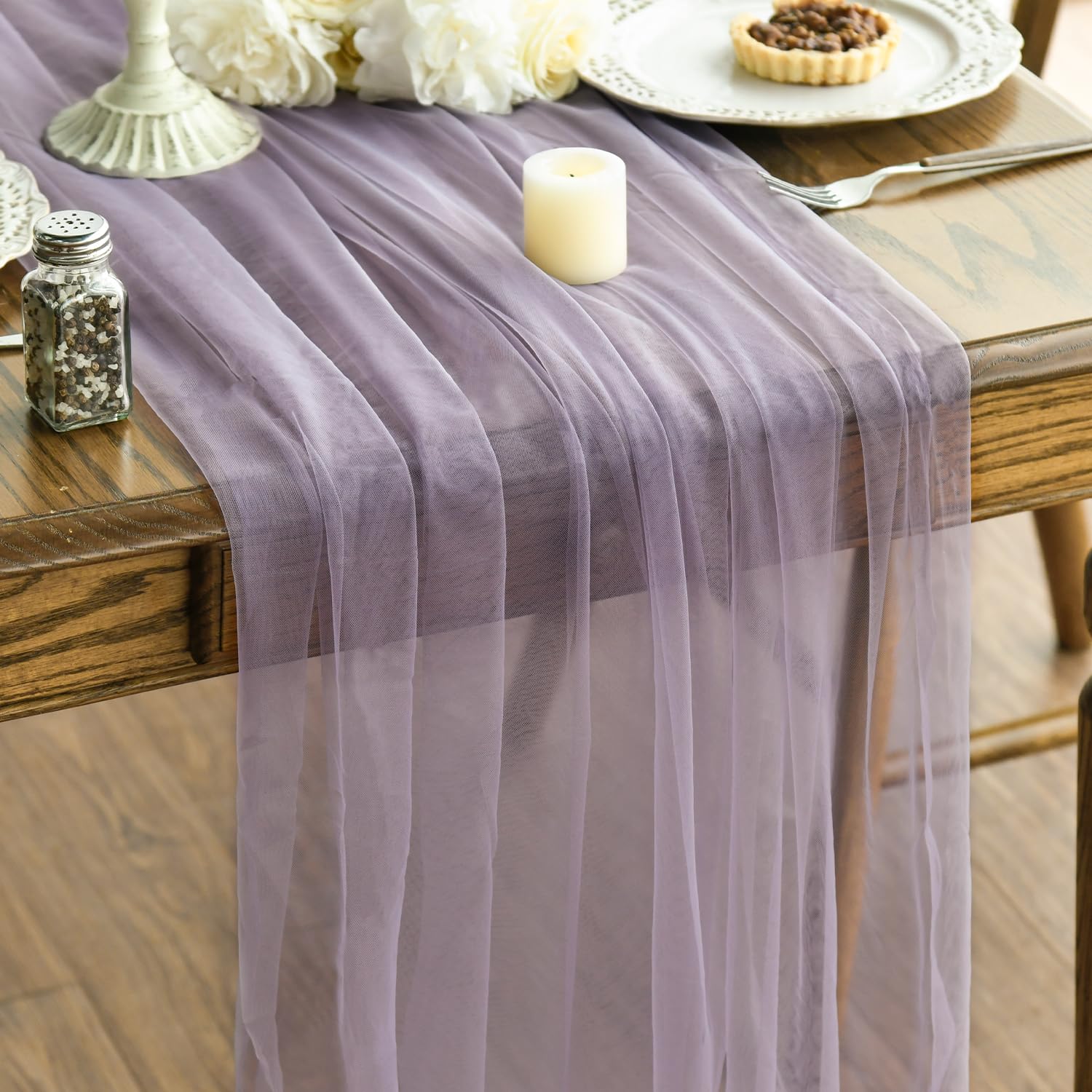 Photo 1 of Artoid Mode Grayish Purple Gauze Table Runner 120 Inch 10FT, Seasonal Sheer Kitchen Dining Holiday Wedding Birthday Baby Shower Table Decor for Home Party