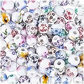 PONABEADIY 1 Box 120PCS Flower Round Porcelain Beads with Large Holes Ceramic Floral Printed Mixed Color Handmade Spacer Loose Bead Charm Bulk for Jewelry Making Necklaces Bracelets Diy Craft Supplies