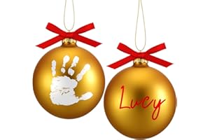 Soaoo 2 Pcs Christmas Hanging Baby Handprint Ball Ornament Kit Included Ribbon Marker 4 Inch Glass Footprint DIY Ornament Christmas Newborn Holiday Keepsake for Xmas Tree Home Decor (Gold)