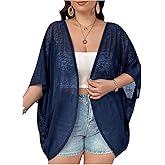 OYOANGLE Women's Plus Size Knit Oversized 3/4 Sleeve Kimono Open Front Lightweight Trendy Cardigan
