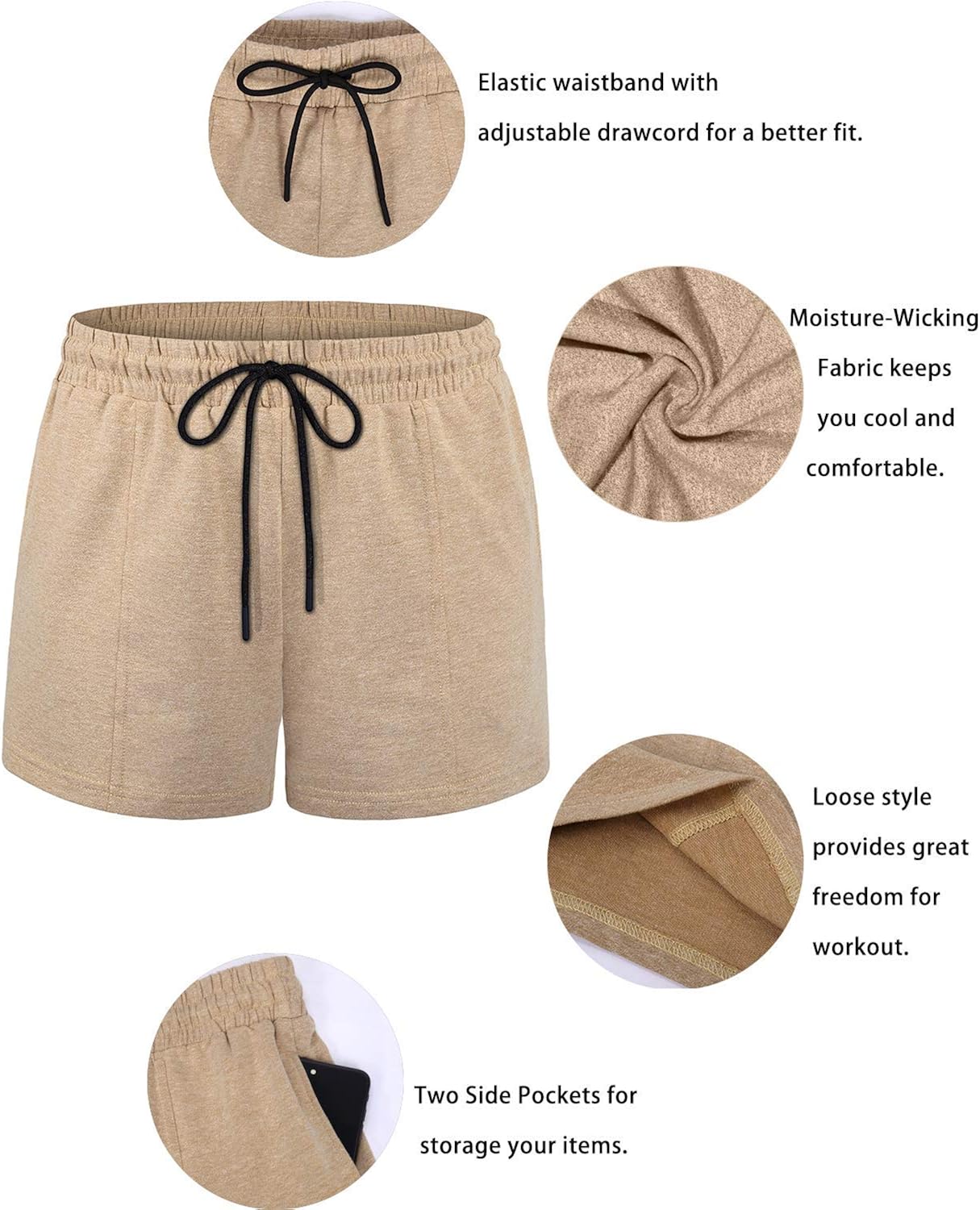 SeSe Code Womens Drawstring Elastic Waistband Workout Sport Shorts with Pockets: Clothing