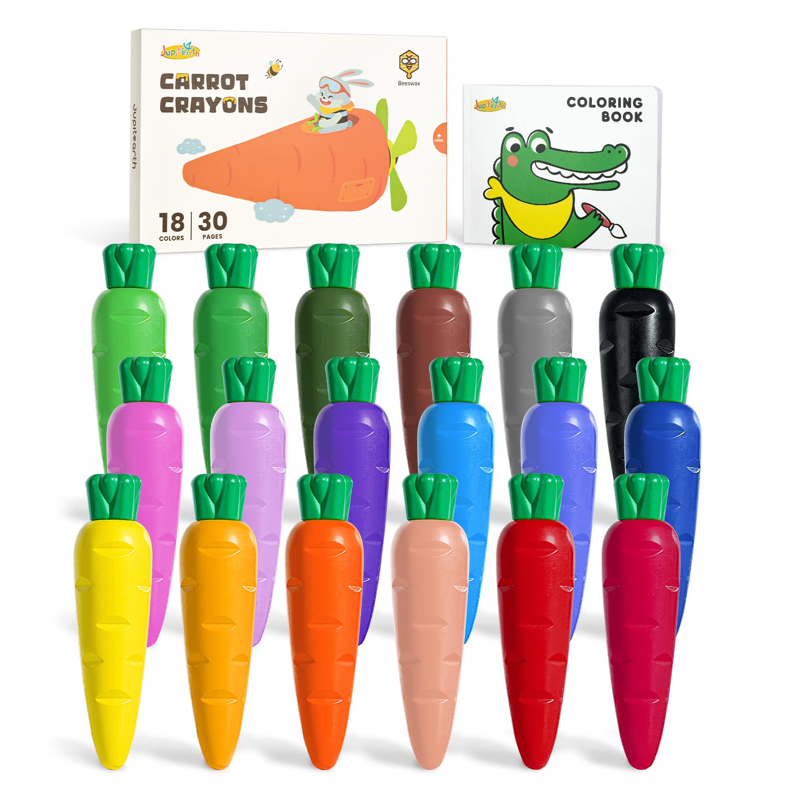 JUPITEARTH 18 Colors Crayons for Toddlers 1-3, Non Toxic Beeswax Carrot-Shaped Toddler Crayons with 30-Page Coloring Book and 120 PDF Pages, Mess-Free Coloring for Kids Ages 2-4 4-8 Art Supplies Gift