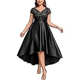 MISSMAY Women's Plus Size Lace Sequin Contrast Satin High Low A-Line Hem Prom Party Formal Dress