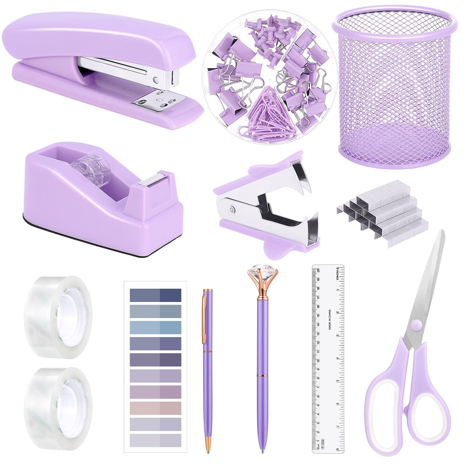 Photo 1 of 13 in 1 Purple Desk Office Supplies Set, Purple Stapler and Tape Dispenser Desk Accessories for Women with Stapler,Tape Dispenser,1000 Staple,Pen Holder,Staple Remover,Clip,Ruler,Scissor, Tab,Tape,Pen