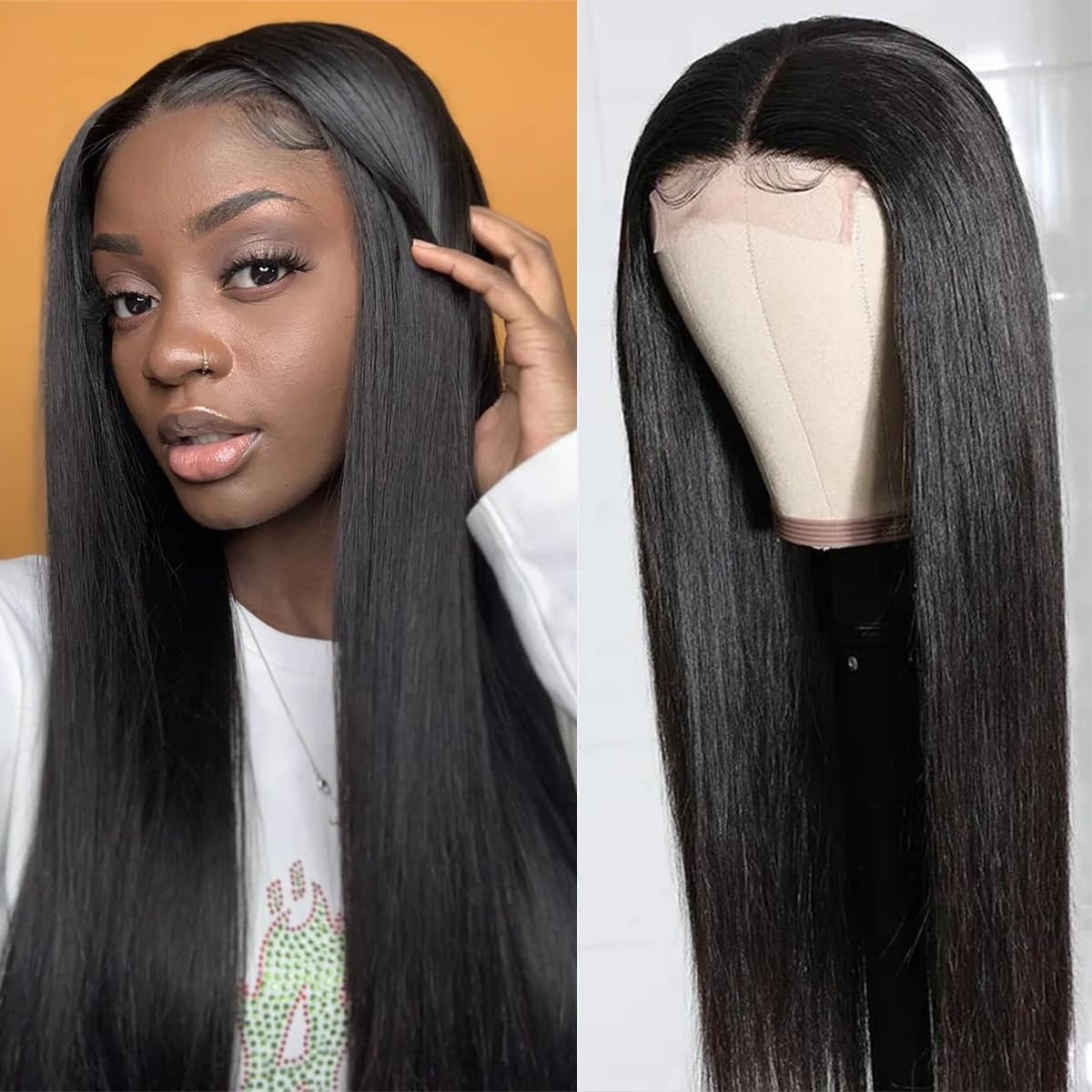 Photo 1 of 26 Inch Straight Lace Front Wigs Human Hair Wigs for Black Woman Lace Frontal Wigs Human Hair Wigs Human Hair Pre Plucked Natural Color for Daily Party Use