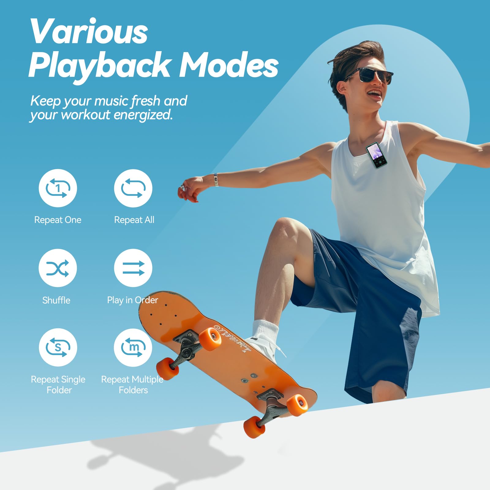 AGPTEK 64GB MP3 Player with Clip, 1.8 inch Bluetooth 5.3 Music Player with FM Radio, Voice Recorder for Sport Running, Supports up to 128GB Memory Card, Model: M2, Blue