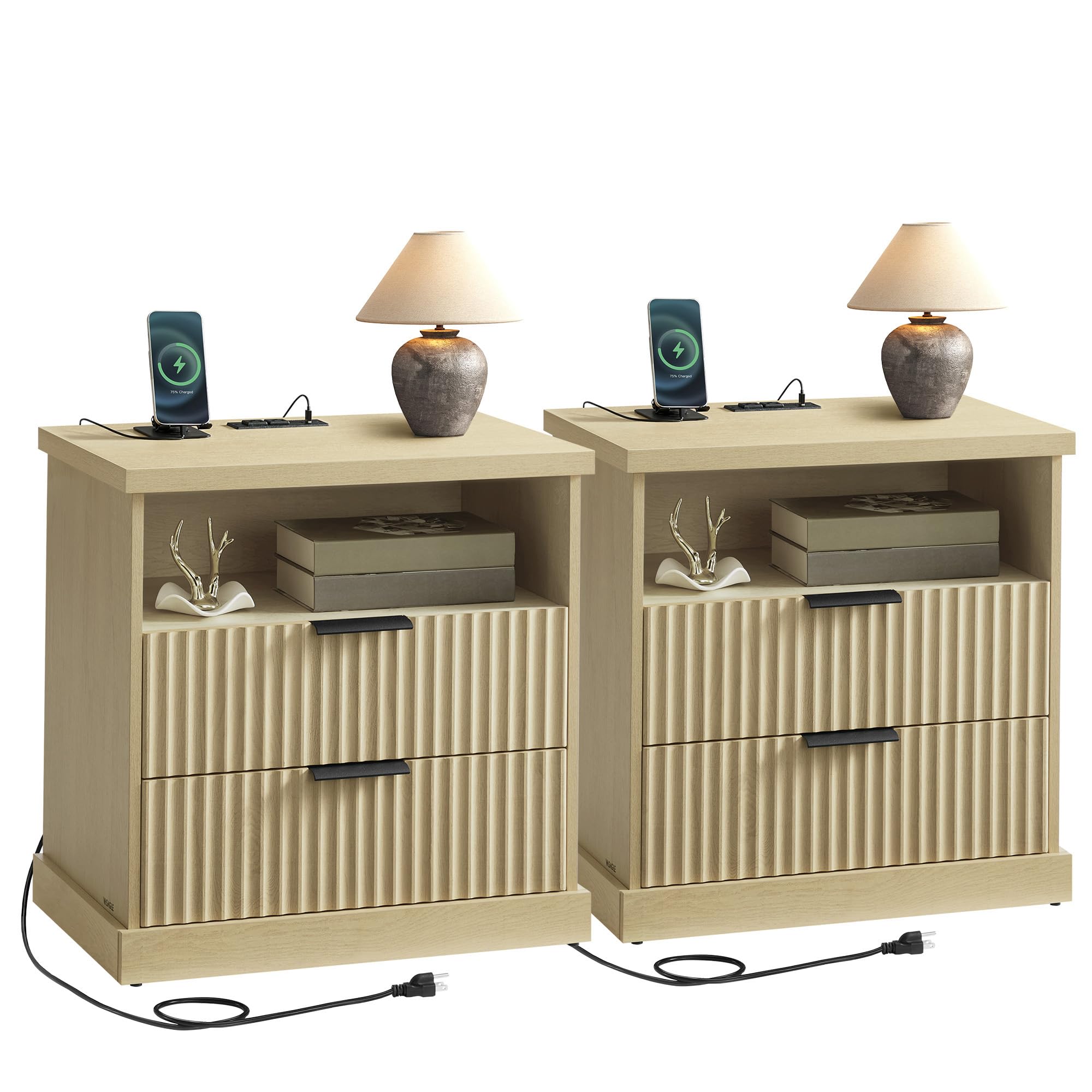 Photo 1 of VASAGLE MAXE Collection - Set of 2 Nightstands with Charging Station, Fluted Night Stand, Bedside Table, Side End Table with 2 Drawers, 2 AC Outlets, 2 USB Ports, Transitional, Oak Beige ULET926Y01