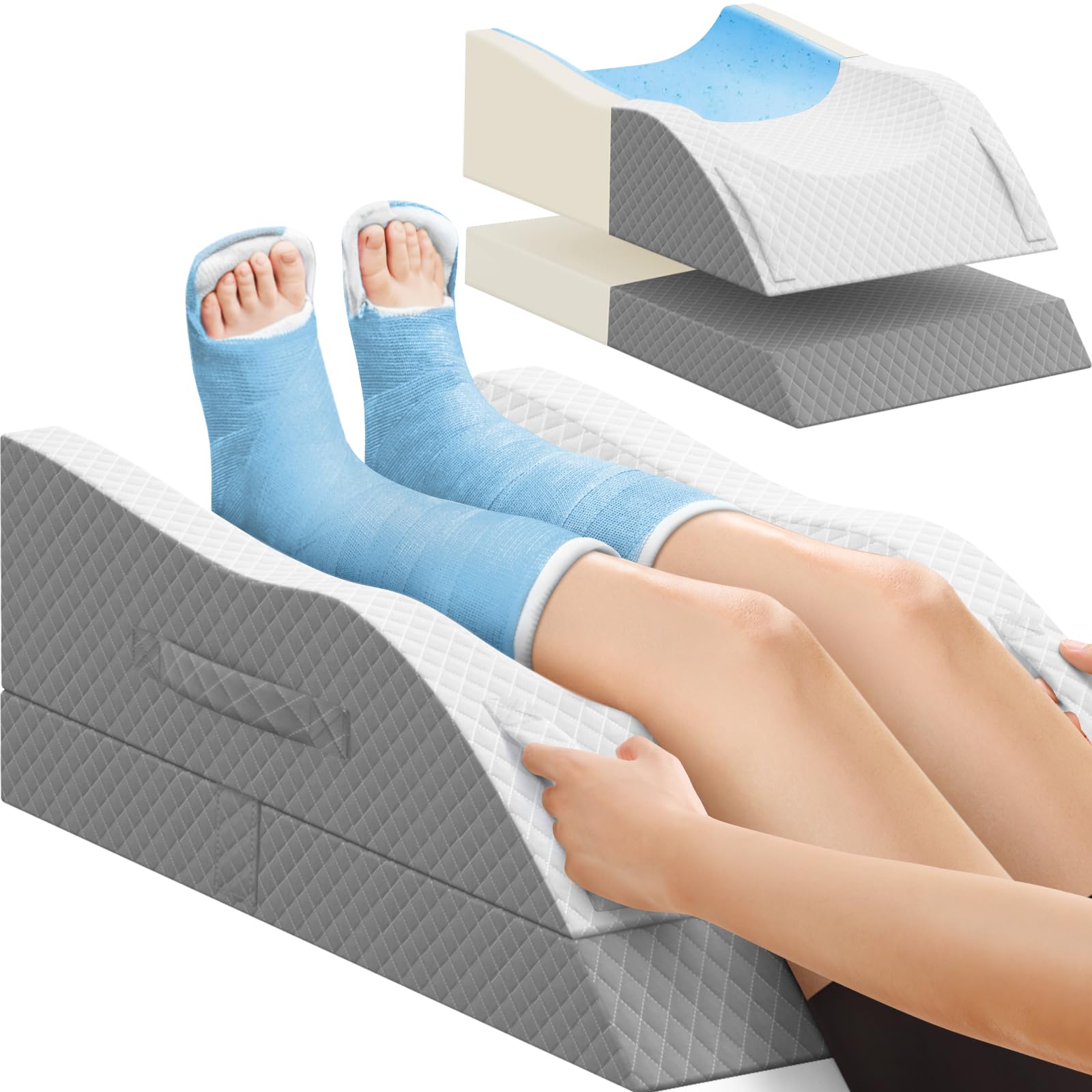 TranquilRelax Elevation Pillows for Leg After Surgery, Memory Foam Adjustable Wedge Pillow for Injury or Rest, Ankle Pillow for Sleeping Blood Circulation Grey/Double Leg