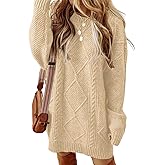 ZAFUL Women's Cable Knit Sweater Dress Long Sleeve Loose Crew Neck Pullover Tunic Mini Sweater Dress Fall Winter Outfits
