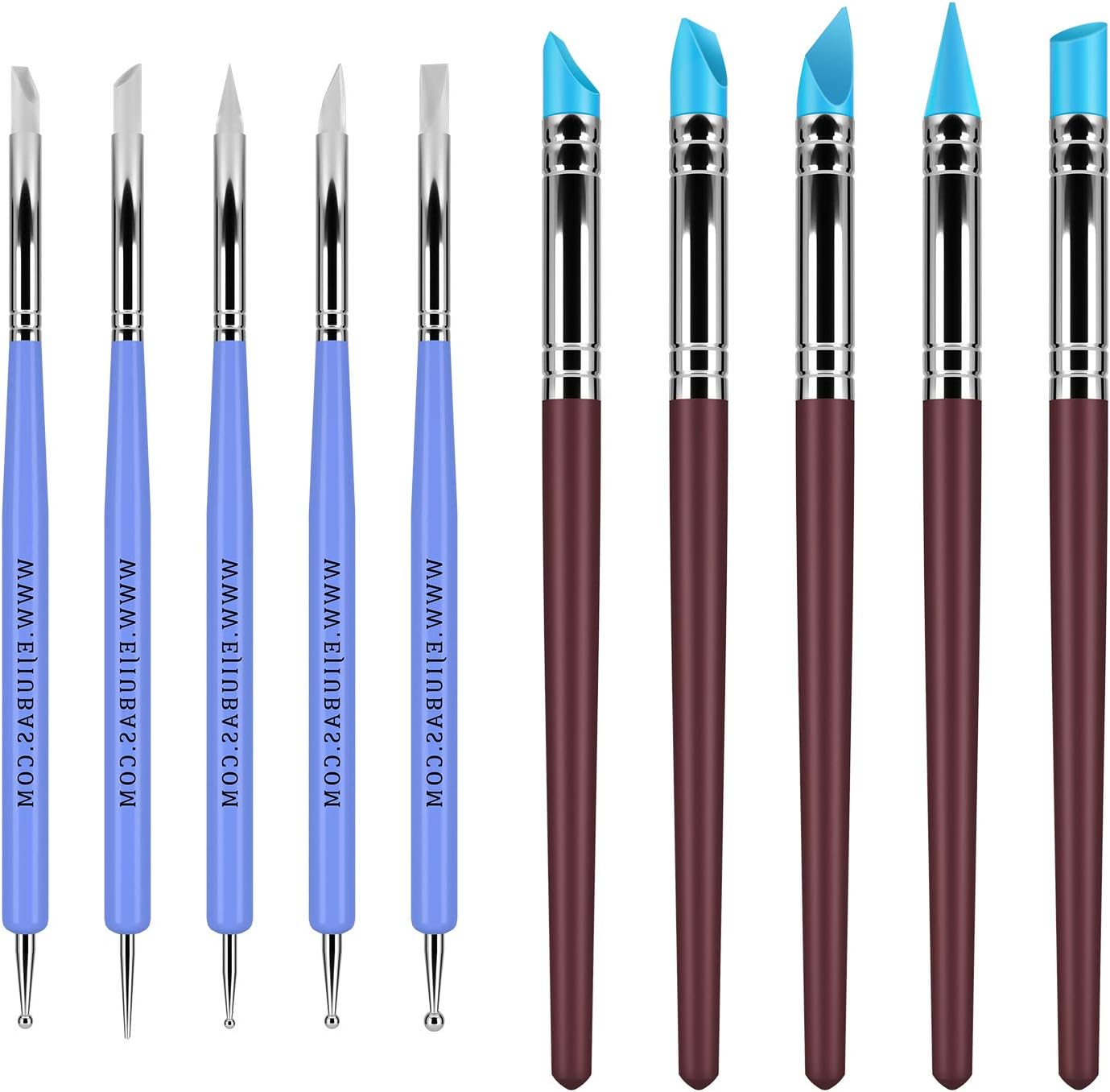 Ejiubas Clay Sculpting Tools Polymer Stylus Tool Set 5 X 2 Way Dotting Tool Modeling Clay 5 Pcs Rubber Brushes Wipe Out Tool Pottery Supplies Ceramics Tool Kit 10Pcs