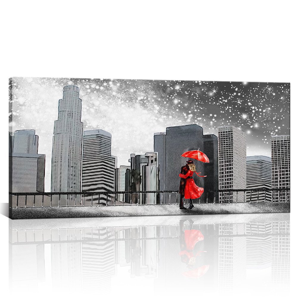 Large Vintage Black and White Canvas Wall Art Couples with Red Umbrella Under Milky Way in Washingto