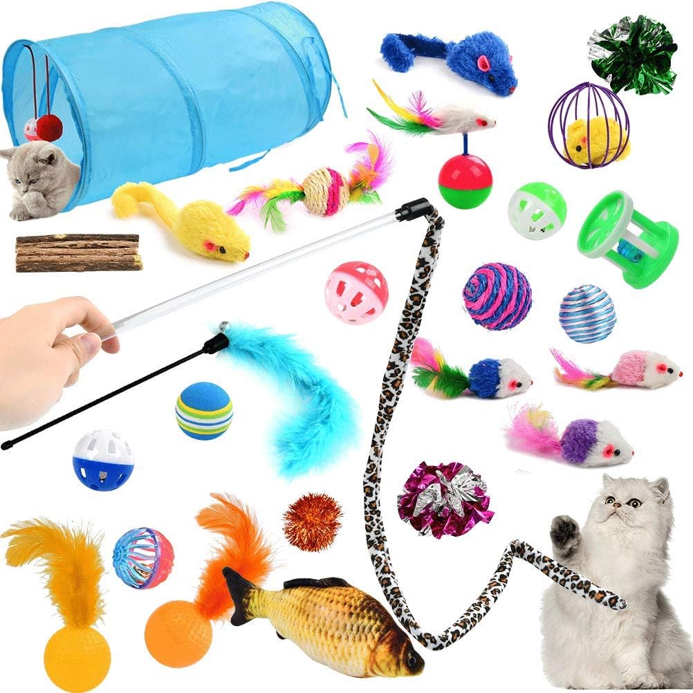 BUYGOO 29Pcs Cat Interactive Toy Set Kitten Toys for Indoor Cat -,Kitten Mouse Toys, Cat Ball Toys, Cat Fish Toys, Cat Feather Teaser Wand Toy, Cat Bell Toys, Cat Catnip Sticks,Cat Toys Set