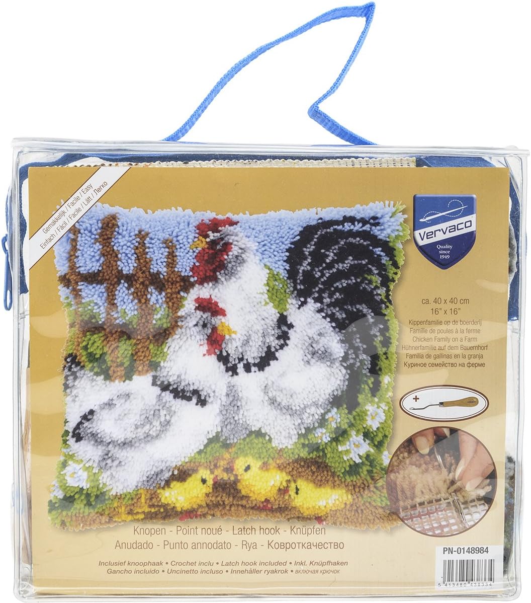 Vervaco Latch Hook Cushion: Chicken Family on a Farm, Multi-Colour