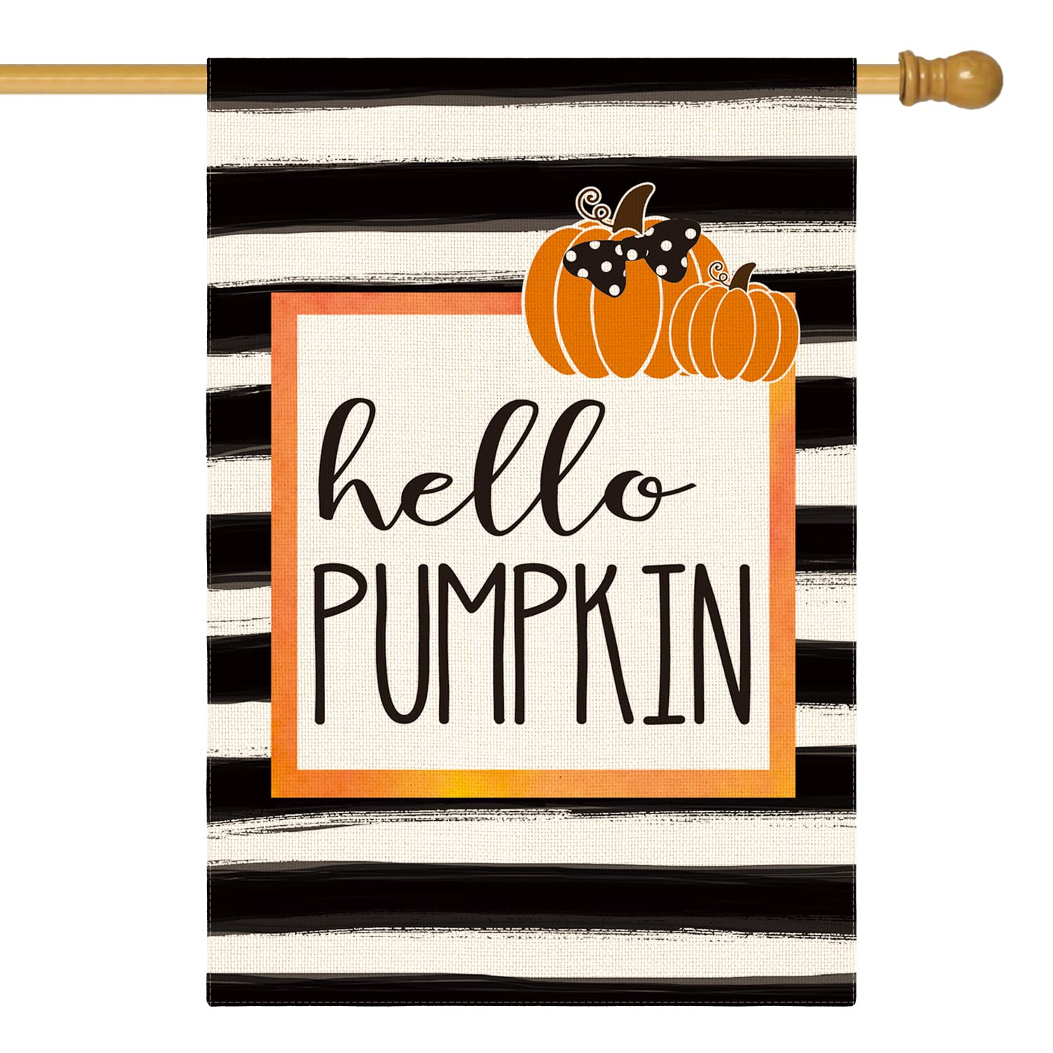 Photo 1 of AVOIN colorlife Hello Pumpkin Fall House Flag 28 x 40 Inch Watercolor Stripes Double Sided, Autumn Seasonal Rustic Yard Outdoor Flag
