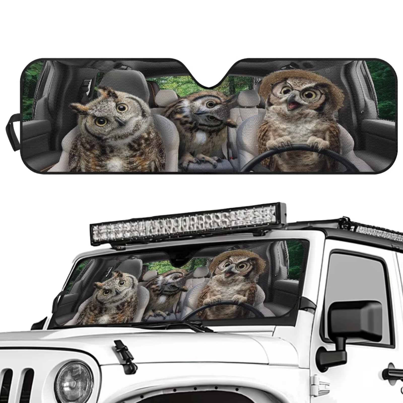 Photo 1 of Pensura Windshield Sun Shade for 2018-2025 Jeep Wrangler JL & 2/4 Door 4XE, Foldable Car Sun Shade Visor Blocks UV Rays, Funny Owl Animal Print Windshield Sunshade Shield