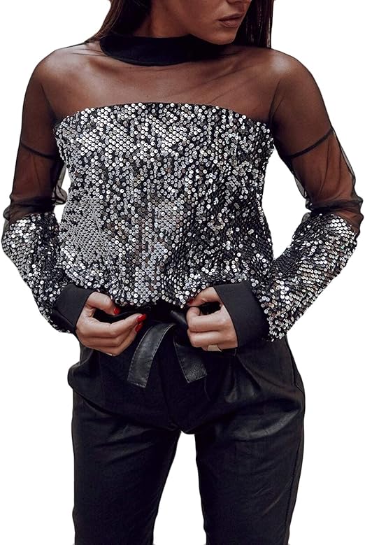 ZZLBUF Women Sequin Sparkle Glitter Tops Party SeeThrough Long Sleeve