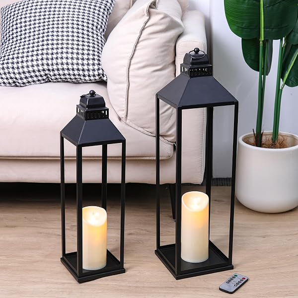 MATAHUM 23″ 19″ LARGE LANTERNS DECORATIVE OUTDOOR INDOOR, SET OF 2 MODERN FARMHOUSE BLACK FLOOR LANTERN WITH CANDLES, HALLOWEEN, CHRISTMAS LANTERNS FOR FIREPLACE, MANTLE, PORCH, PATIO, HOME DECOR