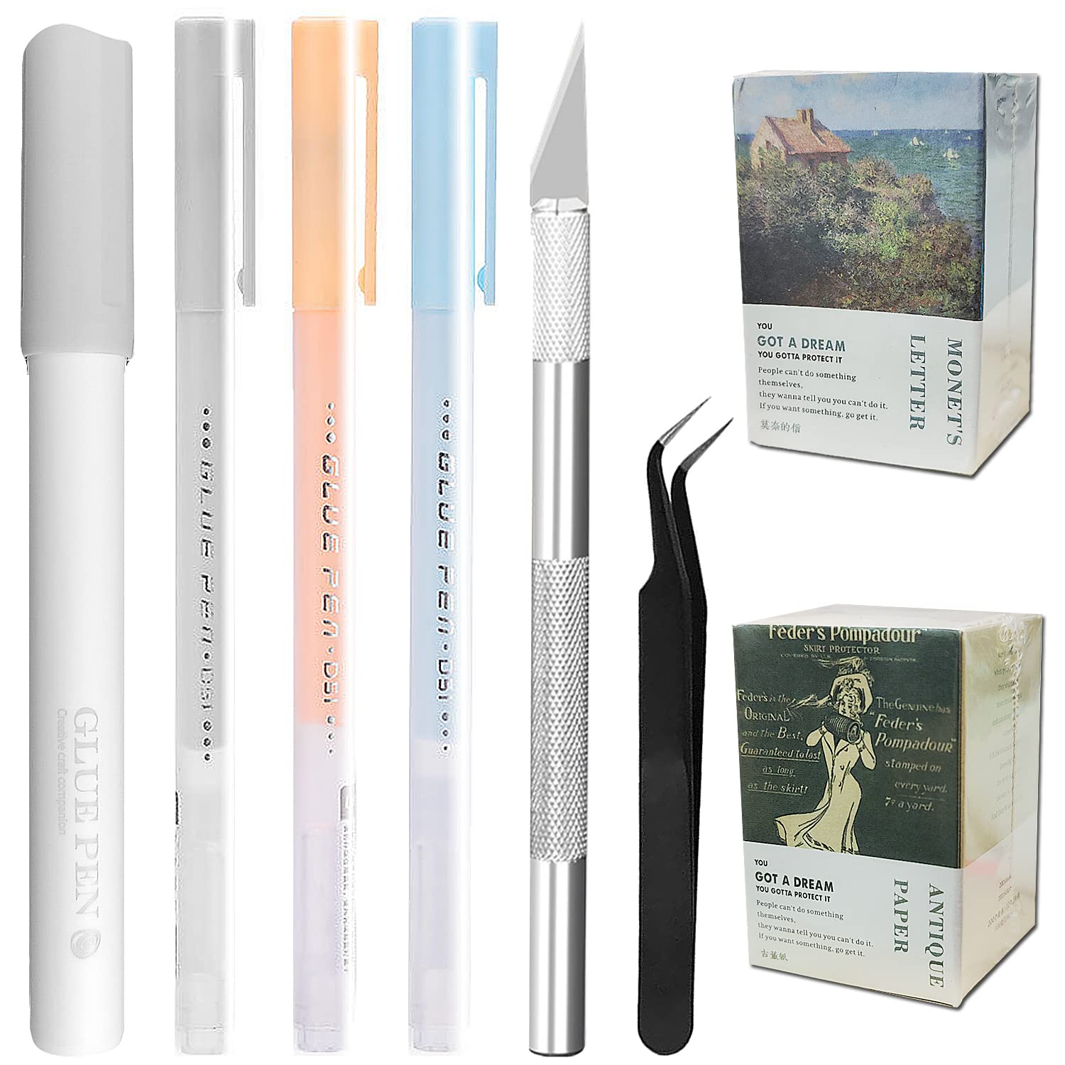 206 pièces Vintage DIY Papier Matériel et Stylo à Colle, CNYMANY Journal de pacotille Fournitures Pour journaux intimes Papier Scrapbooking Rétro Décoratif Antique Artisanat d'art Embellissement