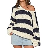 Women Striped Color Block Pullover Sweater Long Sleeve Crewneck Oversized Tops Fall Winter Warm Knitted Loose Outfit