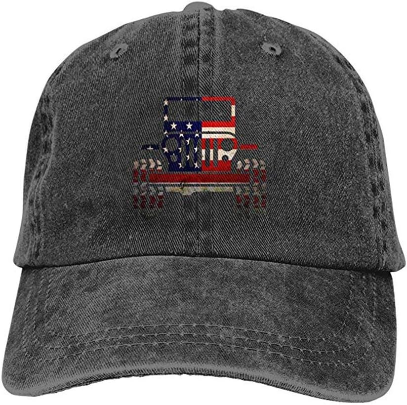 Jeep Flag Washed Denim Hat Trucker Baseball Cap Adjustable Unisex … (Black, one Size)
