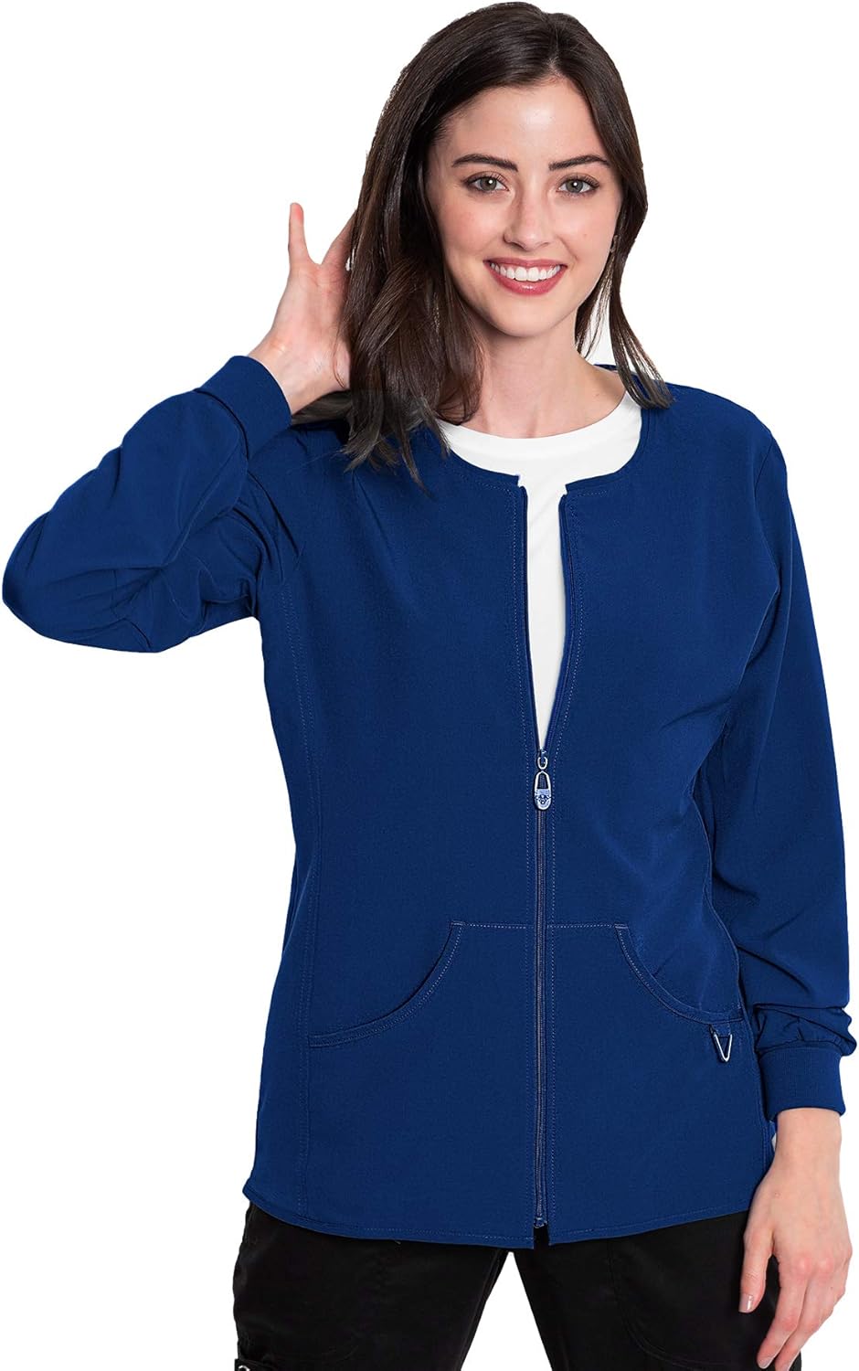 Med Couture Zip Front Warm Up Scrub Jacket for Women: Clothing