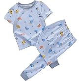 Ukyzddio Little Boys Cotton Pajamas Sets Short Sleeve Top with Long John Snug Fit 2 Piece Sleepwear