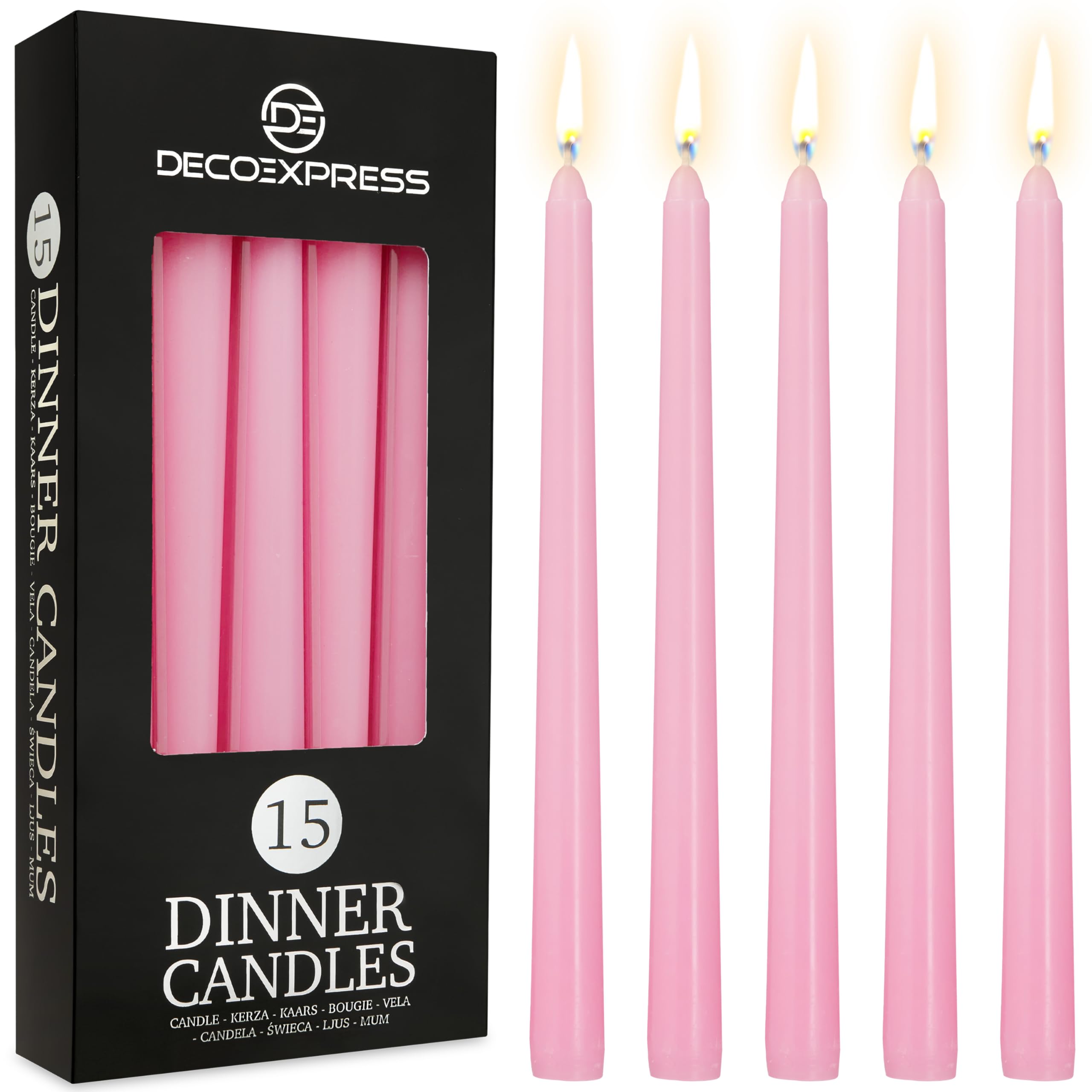 DECO EXPRESS Candles Set, Pack of 15 Classic Dripless Tapered Metallic Dinner Candles, Unscented with 8 Hours Burning Time, Home, Valentine’s Day & Mother’s Day Decor Idea (Baby Pink, 15 Pack)