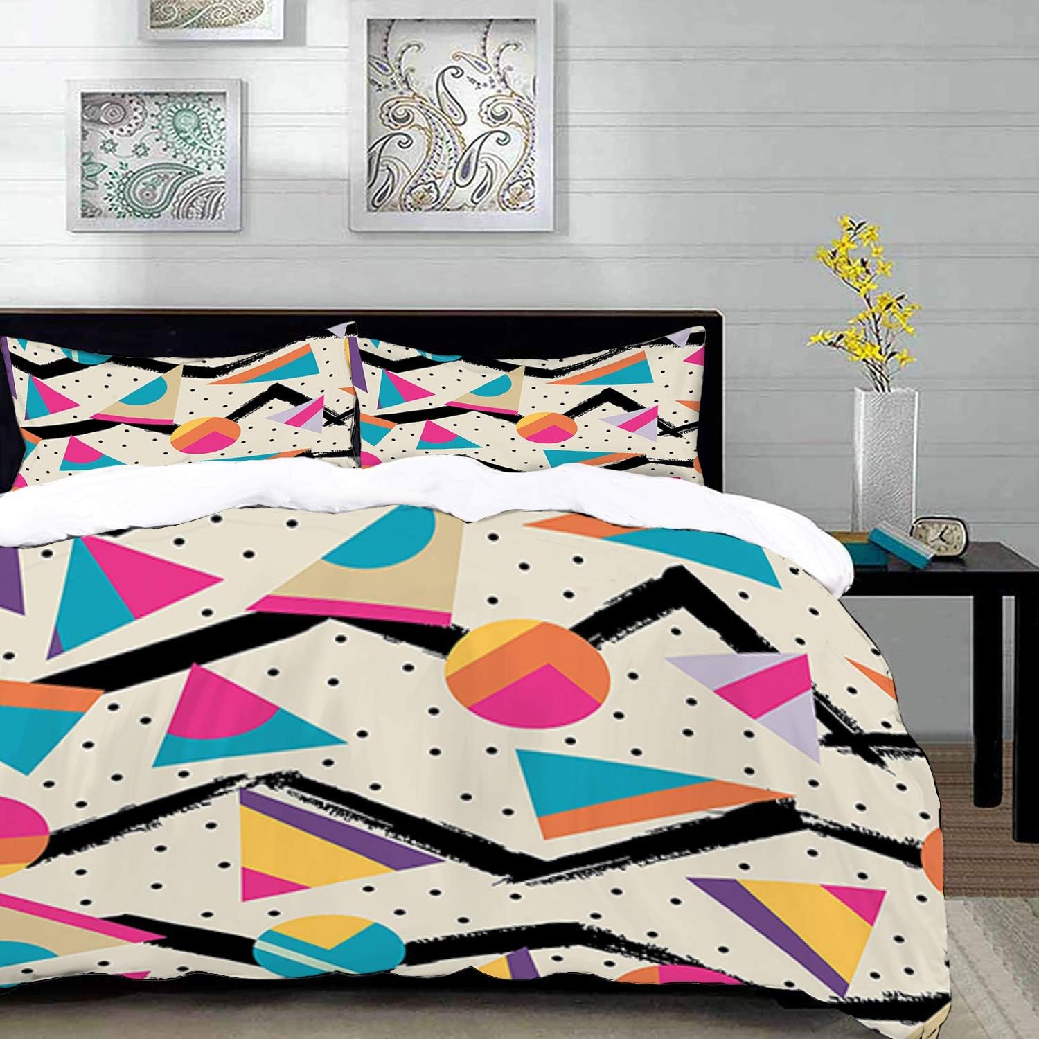 Yaoni bedding - Duvet Cover Set, Indie,Eighties Memphis Fashion Style Geometric Abstract Colorful Design with Dots Funky,Multi,Microfibre Duvet Cover Set 230 x 220cm with 2 Pillowcase 50 X 80cm